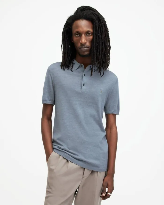 Mode Merino Short Sleeve Polo Shirt Dusty Blue Men AllSaints Sweaters