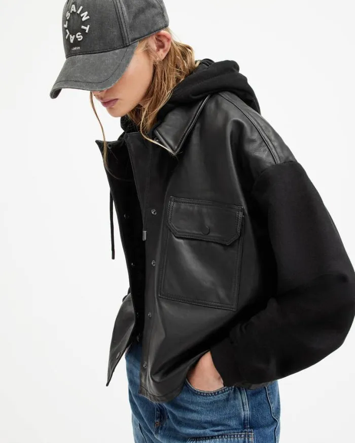 Morten Oversized Leather Trucker Jacket Black Women AllSaints Leather Jackets Morten Oversized Leather Trucker Jacket Black Women AllSaints Leather Jackets