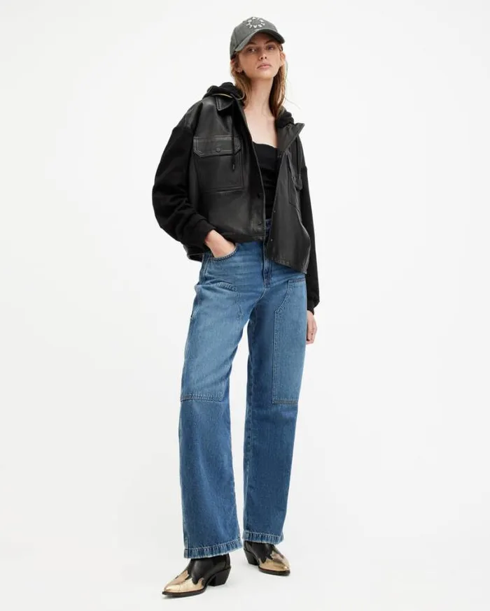 Morten Oversized Leather Trucker Jacket Black Women AllSaints Leather Jackets Morten Oversized Leather Trucker Jacket Black Women AllSaints Leather Jackets