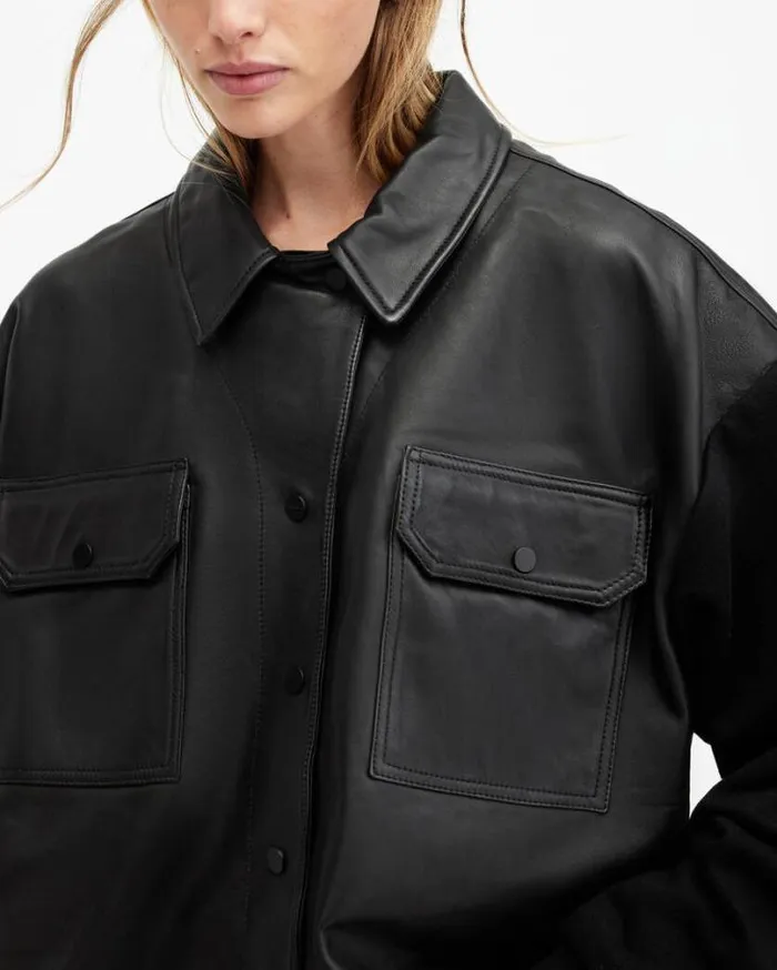 Morten Oversized Leather Trucker Jacket Black Women AllSaints Leather Jackets Morten Oversized Leather Trucker Jacket Black Women AllSaints Leather Jackets