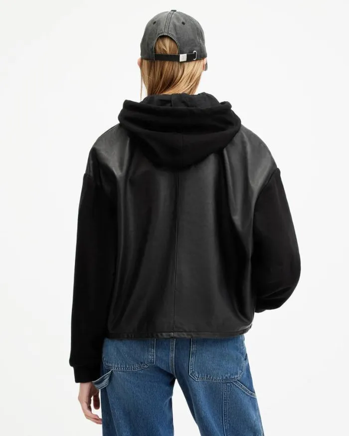 Morten Oversized Leather Trucker Jacket Black Women AllSaints Leather Jackets Morten Oversized Leather Trucker Jacket Black Women AllSaints Leather Jackets