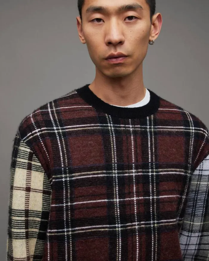 Ness Tartan Jacquard Oversized Sweater Blackmaroon Red Men AllSaints Sweaters Ness Tartan Jacquard Oversized Sweater Blackmaroon Red Men AllSaints Sweaters