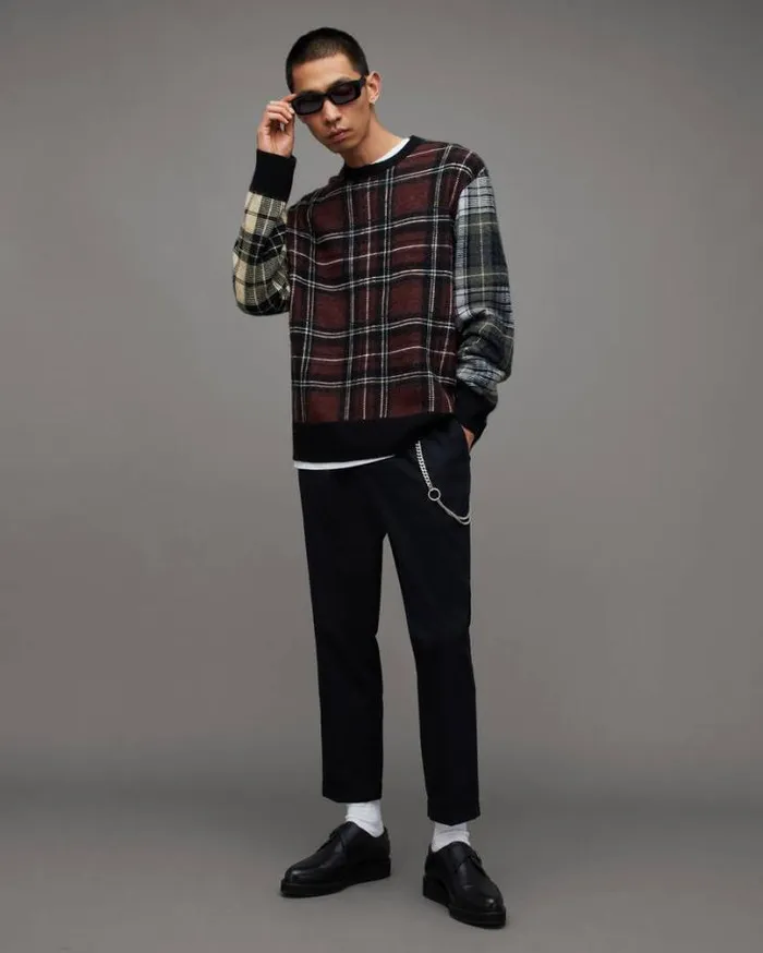 Ness Tartan Jacquard Oversized Sweater Blackmaroon Red Men AllSaints Sweaters Ness Tartan Jacquard Oversized Sweater Blackmaroon Red Men AllSaints Sweaters