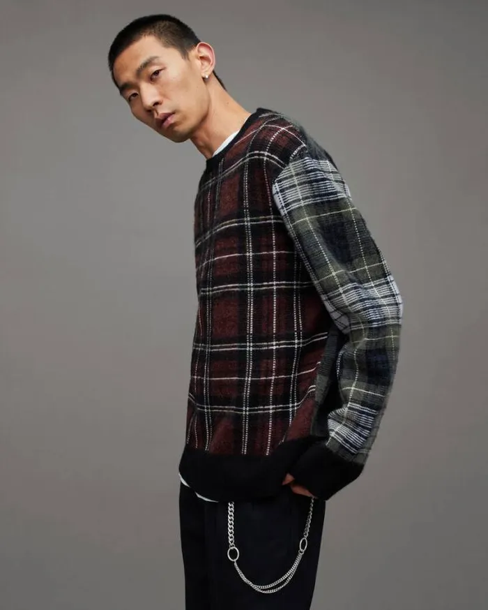 Ness Tartan Jacquard Oversized Sweater Blackmaroon Red Men AllSaints Sweaters Ness Tartan Jacquard Oversized Sweater Blackmaroon Red Men AllSaints Sweaters