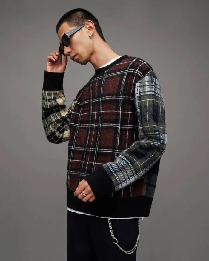 Ness Tartan Jacquard Oversized Sweater Blackmaroon Red Men AllSaints Sweaters Ness Tartan Jacquard Oversized Sweater Blackmaroon Red Men AllSaints Sweaters