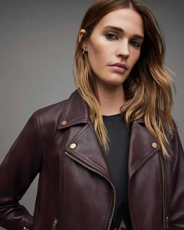 Neve Shrunken Slim Leather Biker Jacket Oxblood Red Women AllSaints Jackets and Coats Neve Shrunken Slim Leather Biker Jacket Oxblood Red Women AllSaints Jackets and Coats