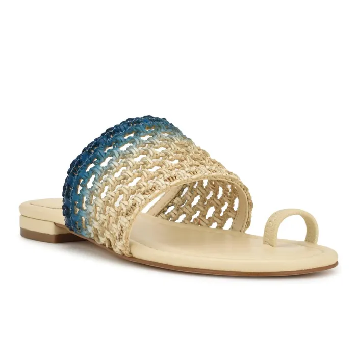 Nolah Flat Slide Sandals Cream Blue Ombre Women Nine West Low Heel Nolah Flat Slide Sandals Cream Blue Ombre Women Nine West Low Heel