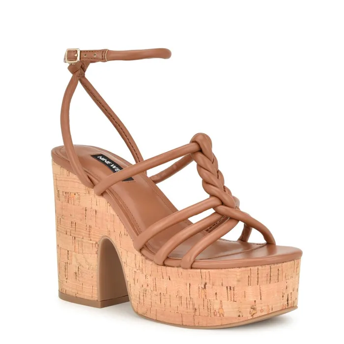 Olander Knotted Platform Sandals Dark Natural Women Nine West Wedges