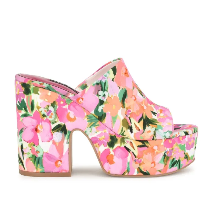 Olley Platform Slide Sandals Pink Floral Women Nine West Wedges