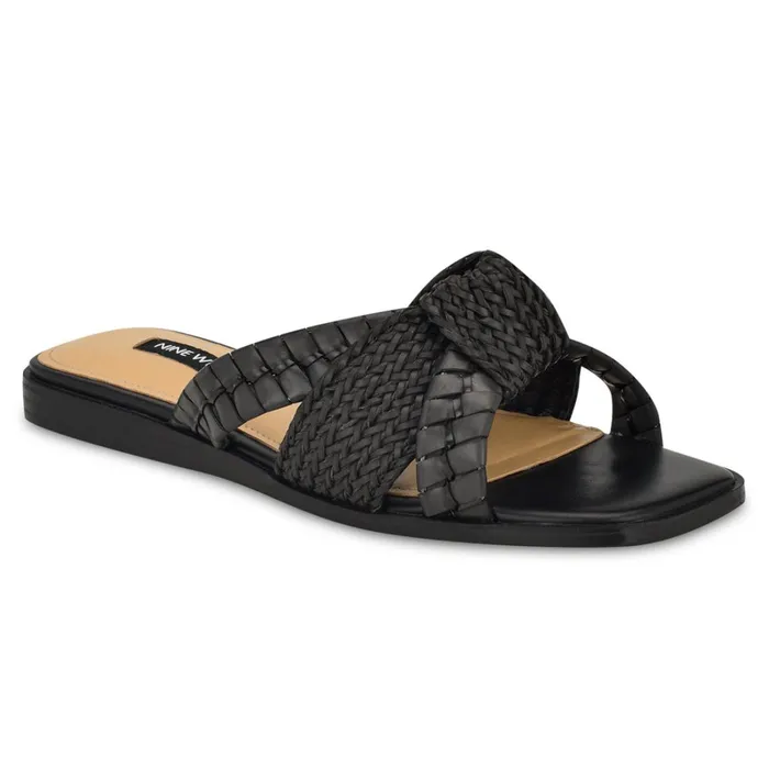 Olson Knotted Flat Slide Sandals Black Women Nine West Flats