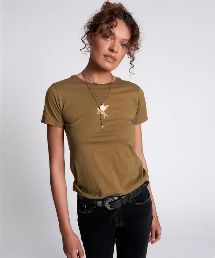 One Teaspoon Basic Tees KHAKI BOWER BIRD ORGANIC FITTED TEE 8211 Women