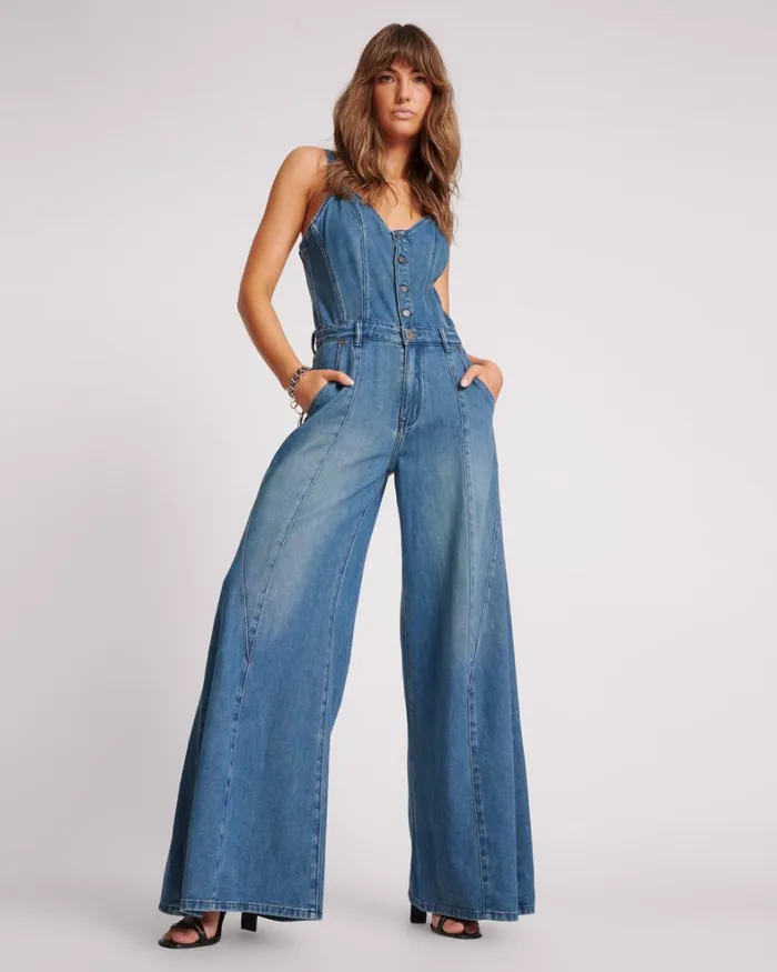 One Teaspoon Denim Jumpsuits GRITTY BLUE FREIDA FIT N FLARE DENIM JUMPSUIT 8211 Women