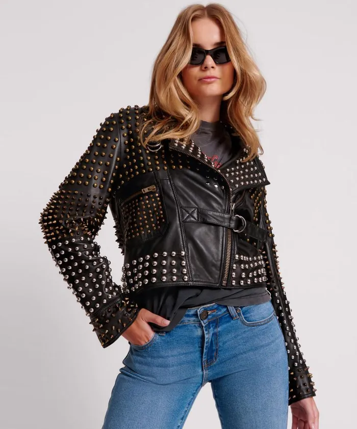 One Teaspoon Jackets BLACK HELLRAISER STUDDED CROP LEATHER MOTO JACKET 8211 Women One Teaspoon Jackets BLACK HELLRAISER STUDDED CROP LEATHER MOTO JACKET 8211 Women