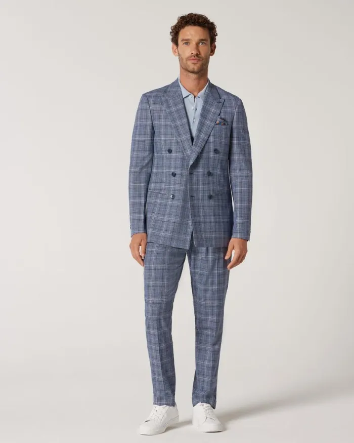 Politix Blazers Men Slim Stretch Double Breasted Tailored Jacket Blue Check