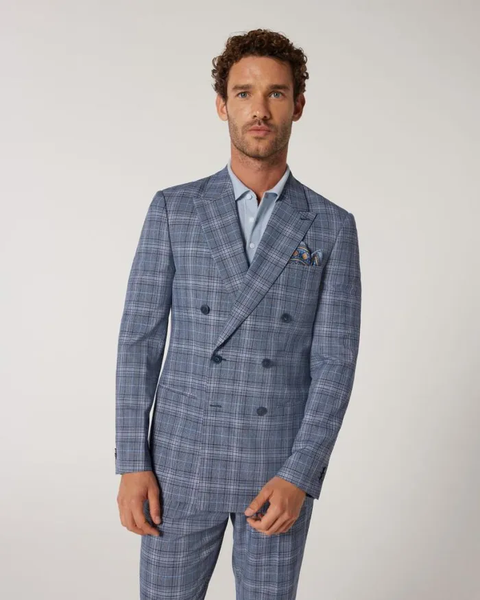Politix Blazers Men Slim Stretch Double Breasted Tailored Jacket Blue Check