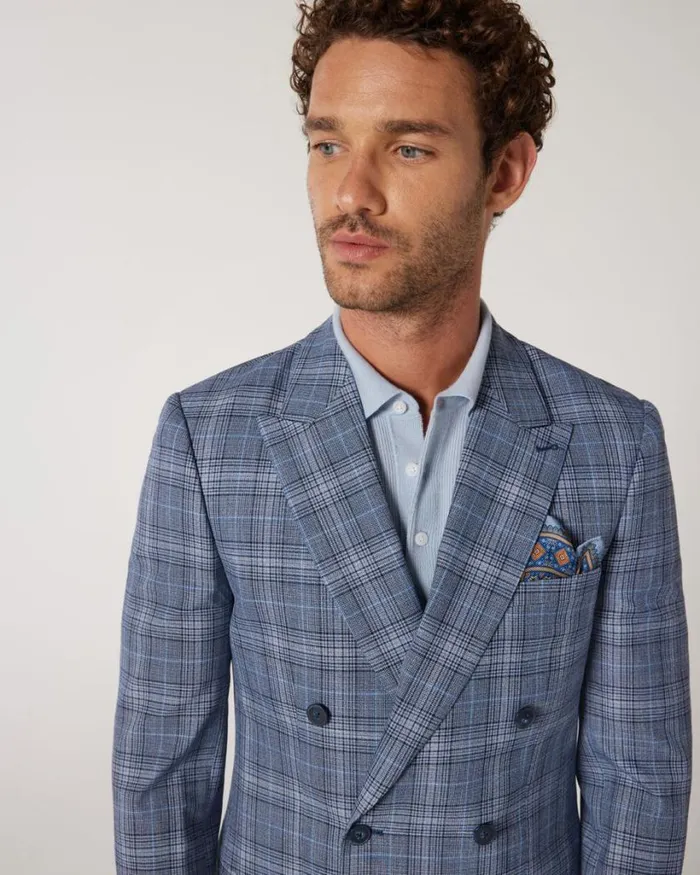 Politix Blazers Men Slim Stretch Double Breasted Tailored Jacket Blue Check