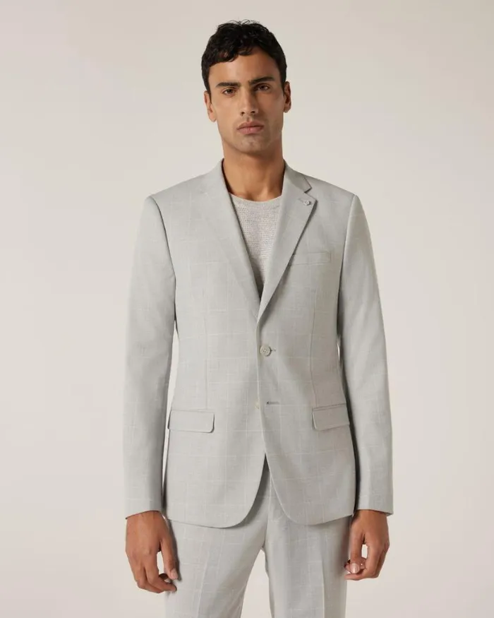Politix Blazers Men Slim Stretch Windowpane Check Tailored Jacket Grey Check