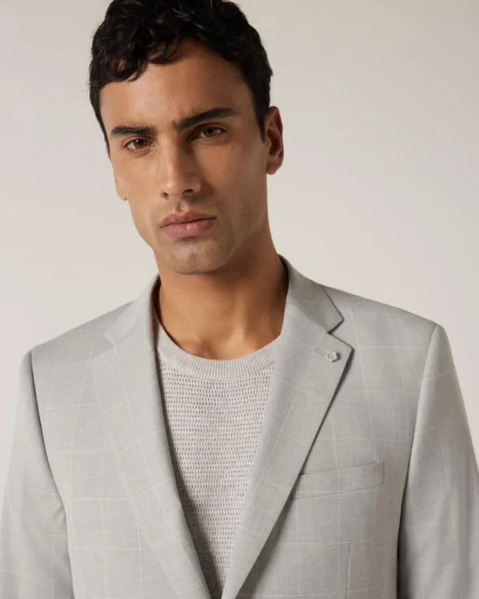 Politix Blazers Men Slim Stretch Windowpane Check Tailored Jacket Grey Check