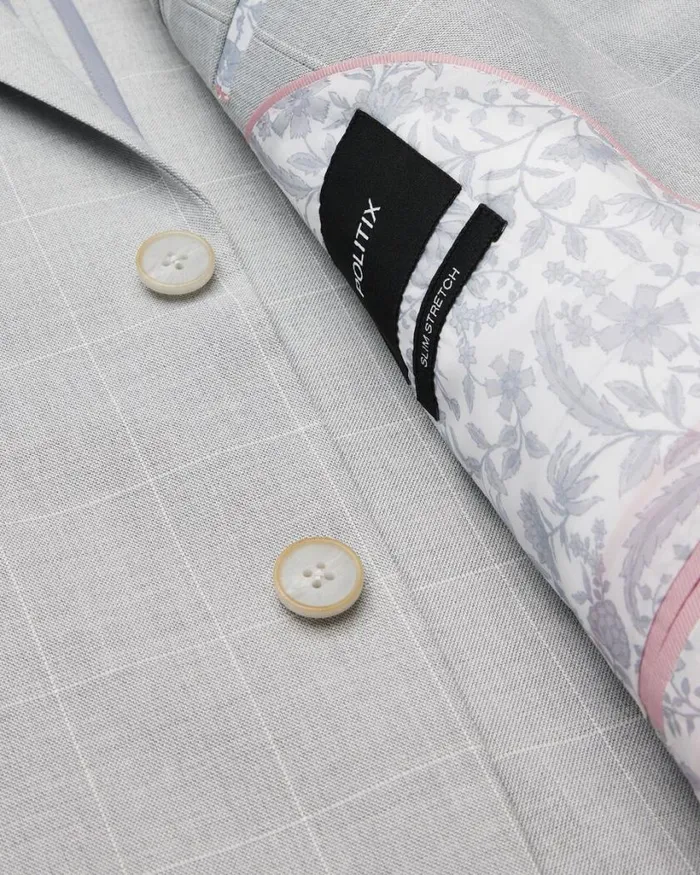 Politix Blazers Men Slim Stretch Windowpane Check Tailored Jacket Grey Check