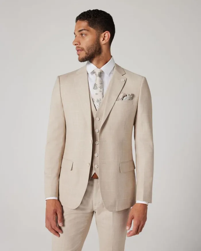 Politix Blazers Men Slim Stretch Windowpane Check Tailored Jacket Natural Windowpane