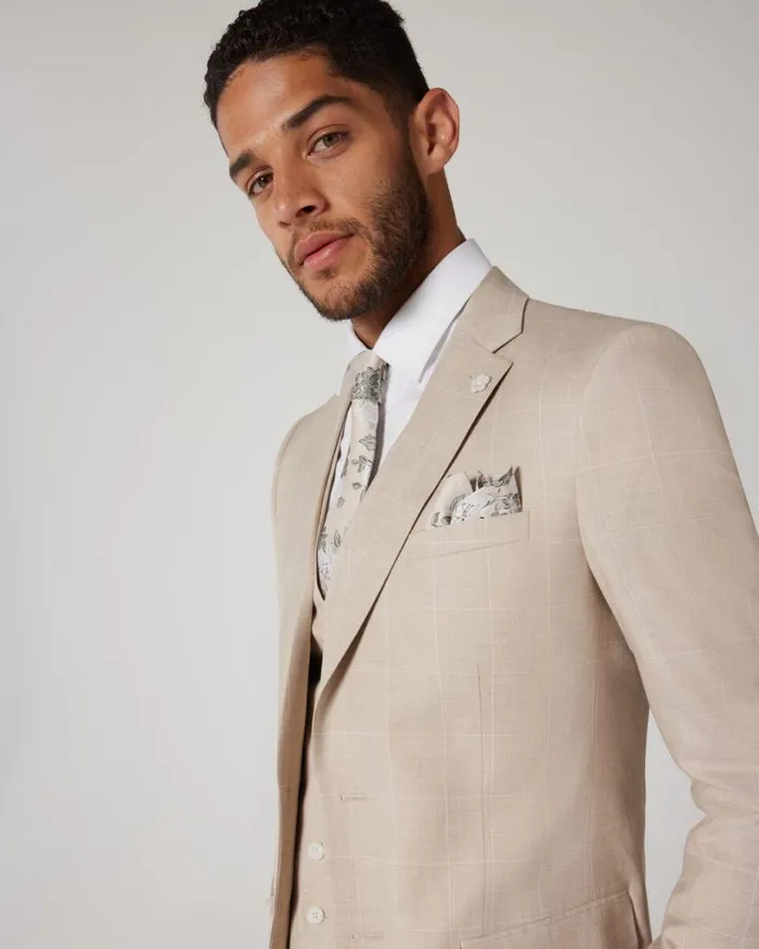 Politix Blazers Men Slim Stretch Windowpane Check Tailored Jacket Natural Windowpane