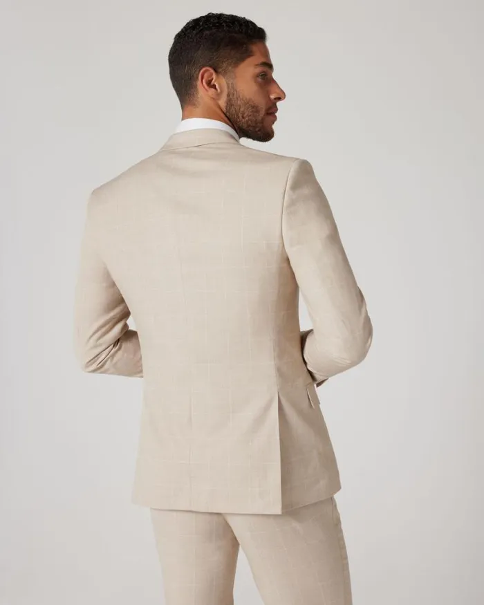 Politix Blazers Men Slim Stretch Windowpane Check Tailored Jacket Natural Windowpane