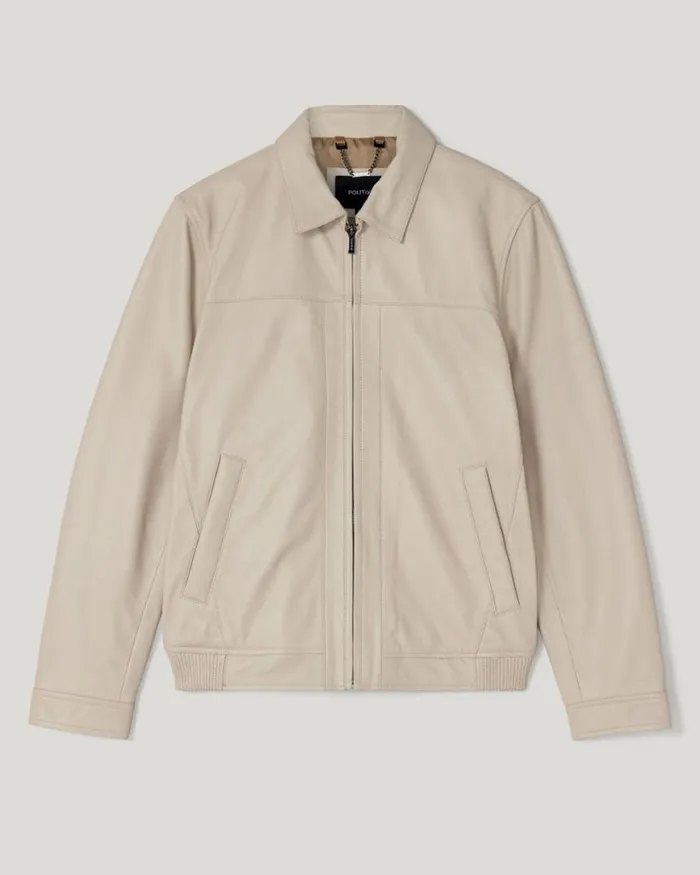 Politix Coats and Jackets Men Leather Harrington Jacket With Zip Closure Bone