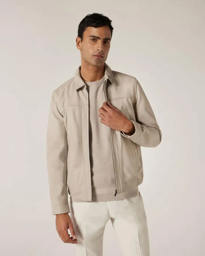 Politix Coats and Jackets Men Leather Harrington Jacket With Zip Closure Bone