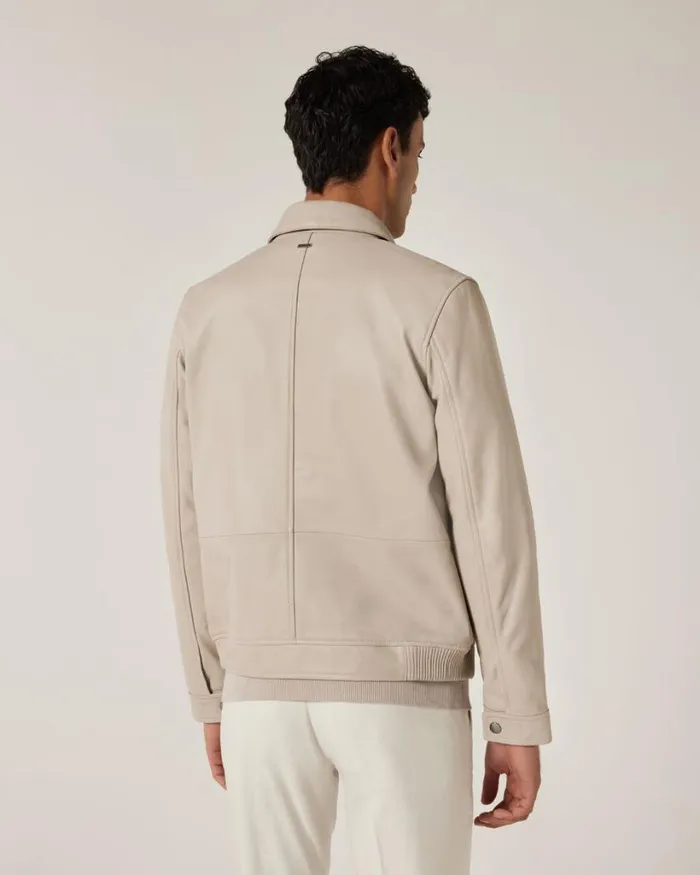 Politix Coats and Jackets Men Leather Harrington Jacket With Zip Closure Bone