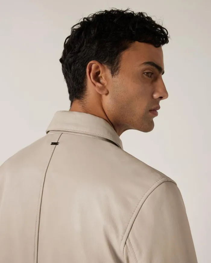 Politix Coats and Jackets Men Leather Harrington Jacket With Zip Closure Bone