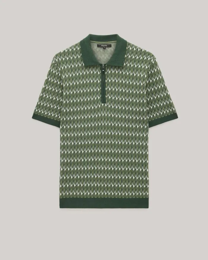 Politix Knitwear Men Geometric Zipup Collar Polo Green
