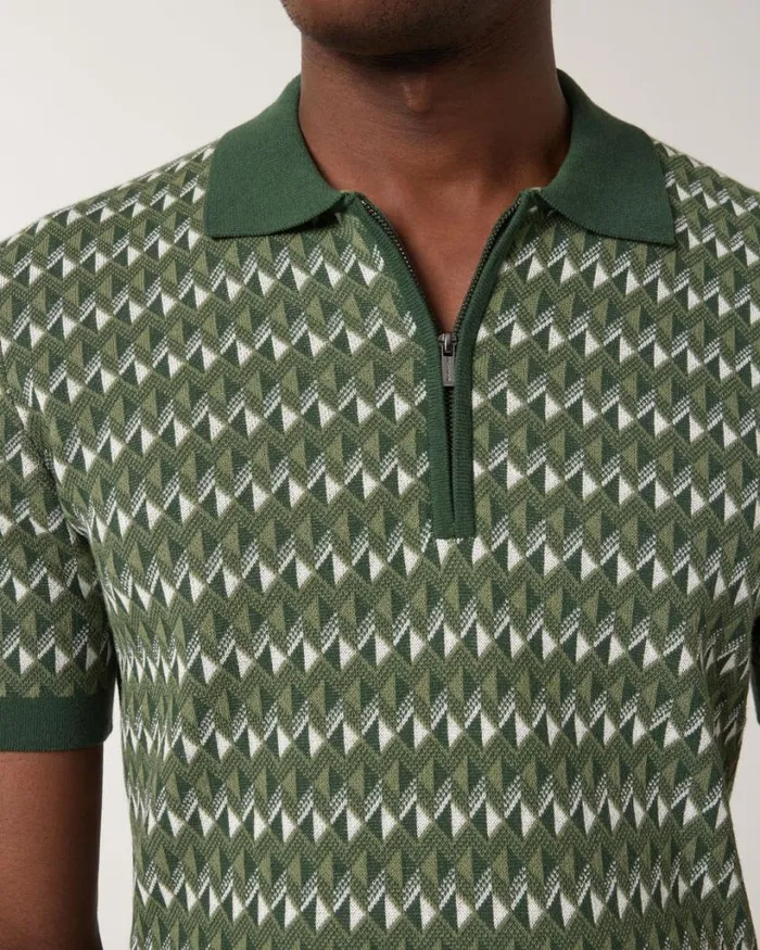 Politix Knitwear Men Geometric Zipup Collar Polo Green