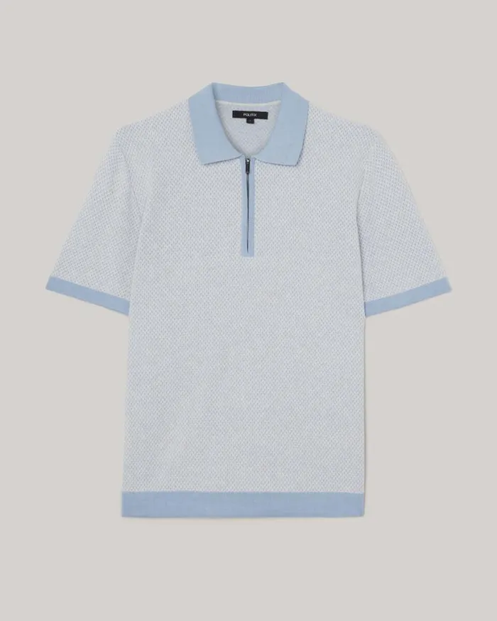 Politix Knitwear Men Textured Knit Zip Polo Light Blue