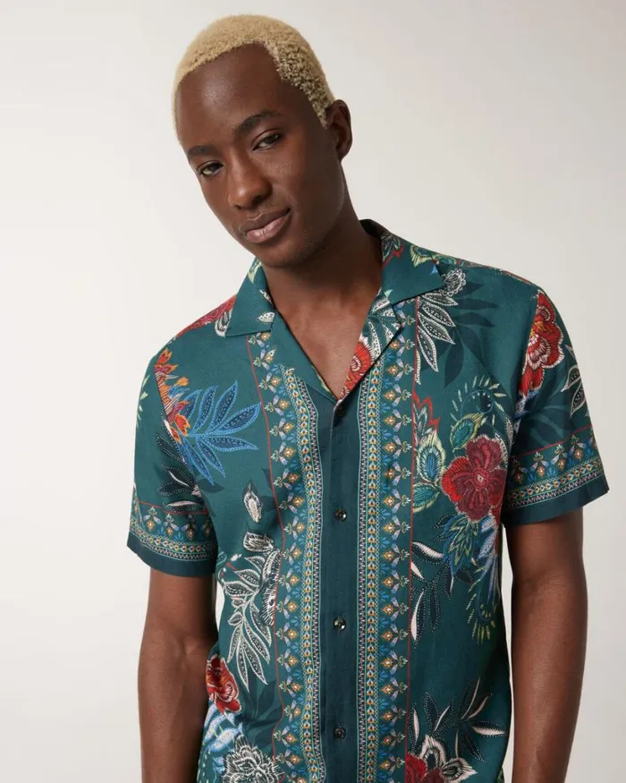 Politix Shirts Men Border Floral Print Cuban Collar Shirt Green