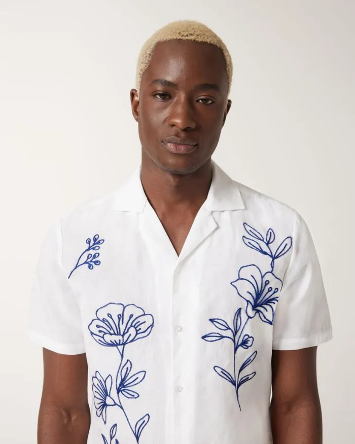 Politix Shirts Men Floral Embroidery Cuban Collar Shirt White