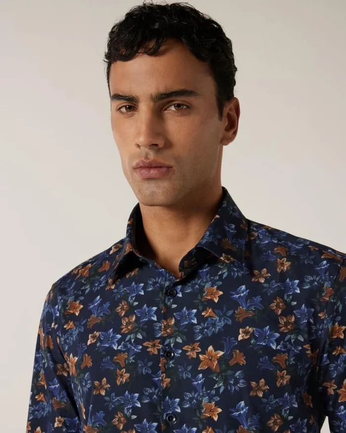 Politix Shirts Men Slim Stretch Fit Premium Italian Floral Print Long Sleeve Shirt Navy