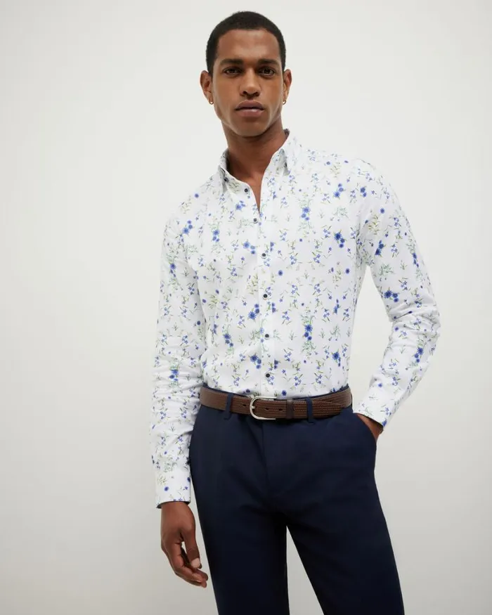 Politix Shirts Men Textured Floral Long Sleeve Shirt White Multi