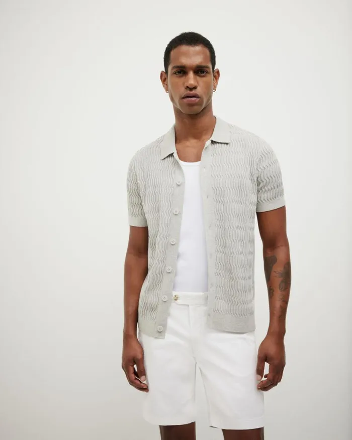 Politix Shirts Men Wave Knit Button Down Short Sleeve Shirt Grey Marle