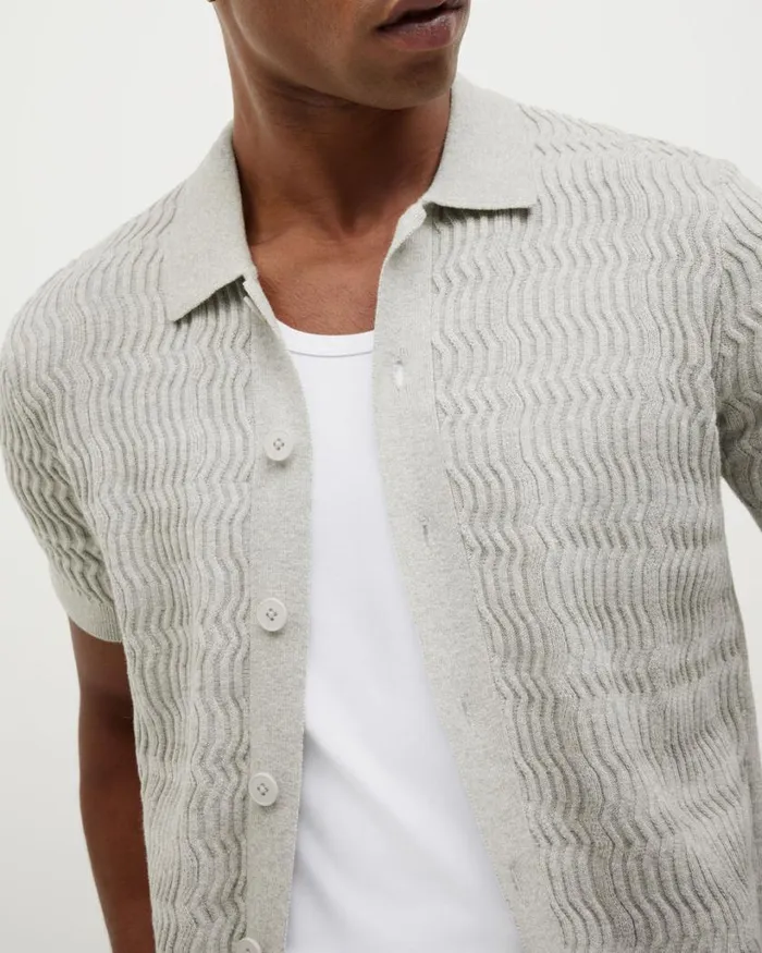 Politix Shirts Men Wave Knit Button Down Short Sleeve Shirt Grey Marle