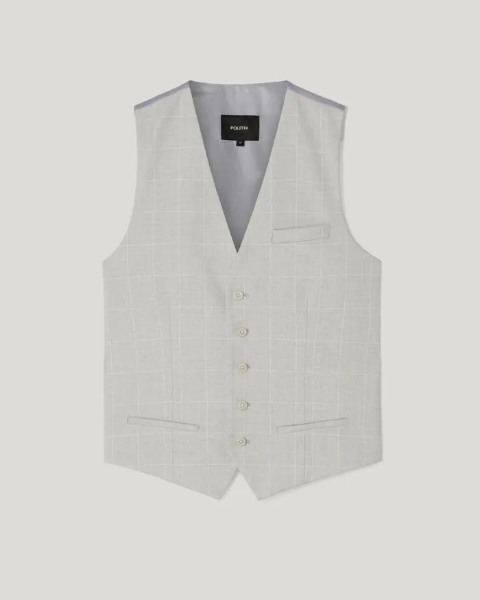 Politix Vests Men 5 Button Windowpane Check Vest Grey Check