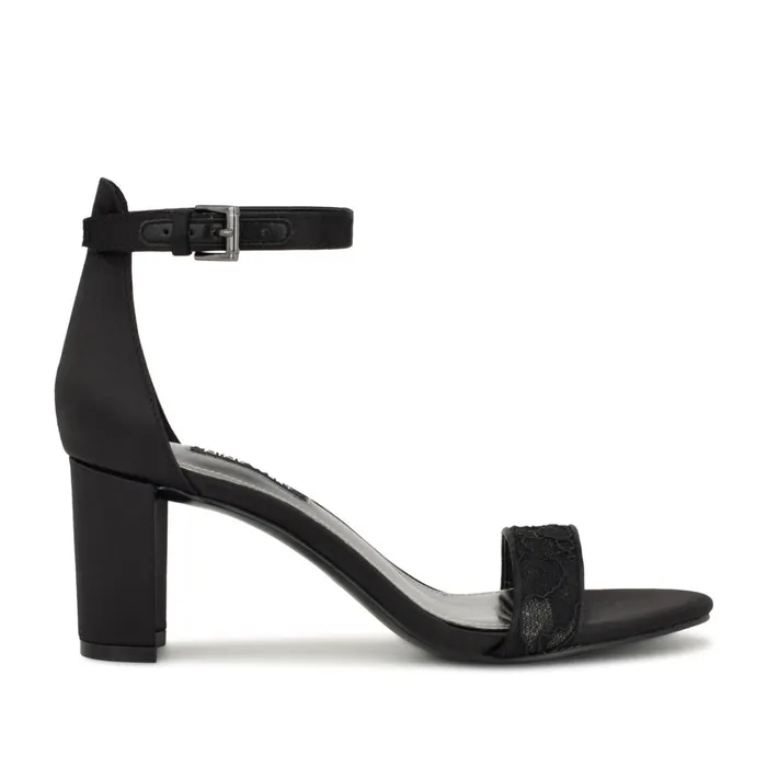Pruce Ankle Strap Block Heel Sandals Black Lace Women Nine West Mid Heels