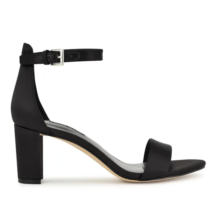 Pruce Ankle Strap Block Heel Sandals Black Satin Women Nine West Mid Heels