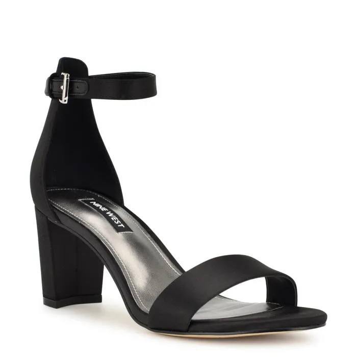 Pruce Ankle Strap Block Heel Sandals Black Satin Women Nine West Mid Heels Pruce Ankle Strap Block Heel Sandals Black Satin Women Nine West Mid Heels