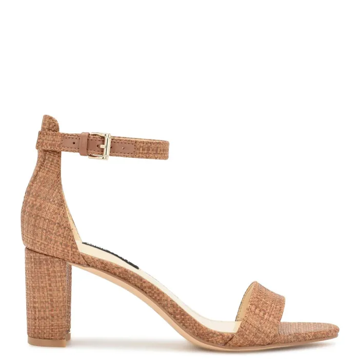 Pruce Ankle Strap Block Heel Sandals Brown Raffia Women Nine West Mid Heels