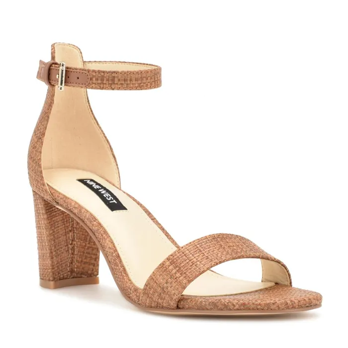 Pruce Ankle Strap Block Heel Sandals Brown Raffia Women Nine West Mid Heels Pruce Ankle Strap Block Heel Sandals Brown Raffia Women Nine West Mid Heels