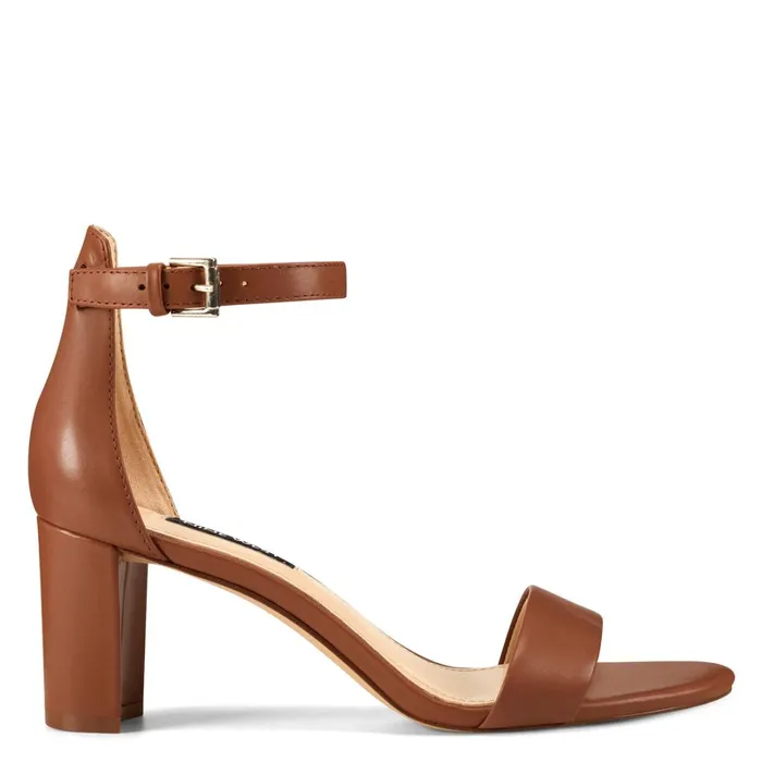 Pruce Ankle Strap Block Heel Sandals Light Brown Leather Women Nine West Mid Heels