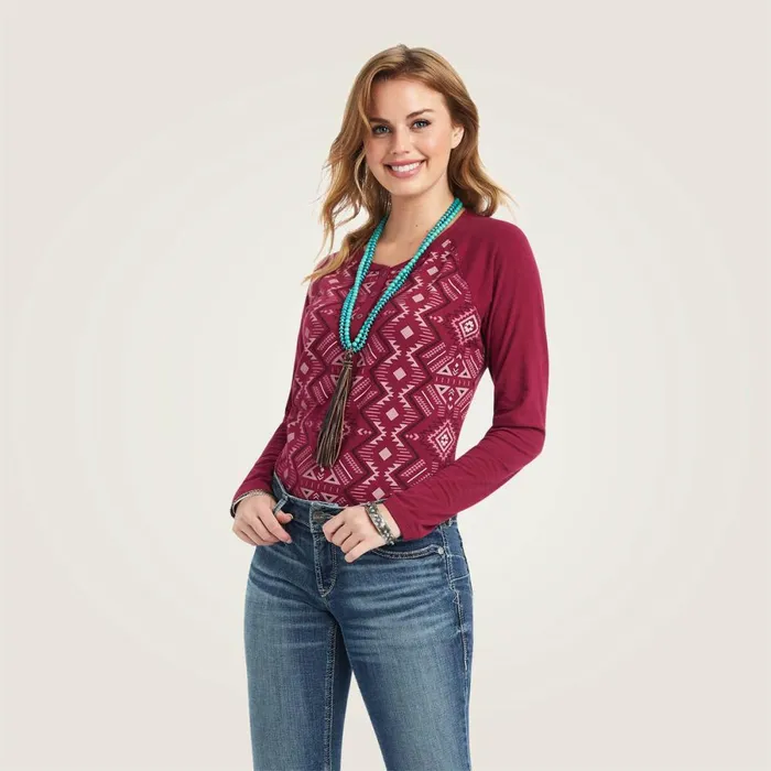 REAL Printed Henley Shirt Maze Multibeet Red Women Ariat TShirts and Tops