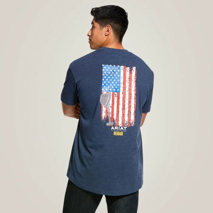 Rebar Cotton Strong American Grit Graphic TShirt Navy Heather Men Ariat TShirts and Polos