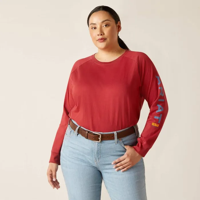 Rebar Cotton Strong Logo Graphic Red Dahlia Bijou Blue Women Ariat TShirts and Tops
