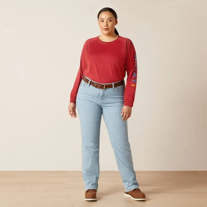 Rebar Cotton Strong Logo Graphic Red Dahlia Bijou Blue Women Ariat TShirts and Tops